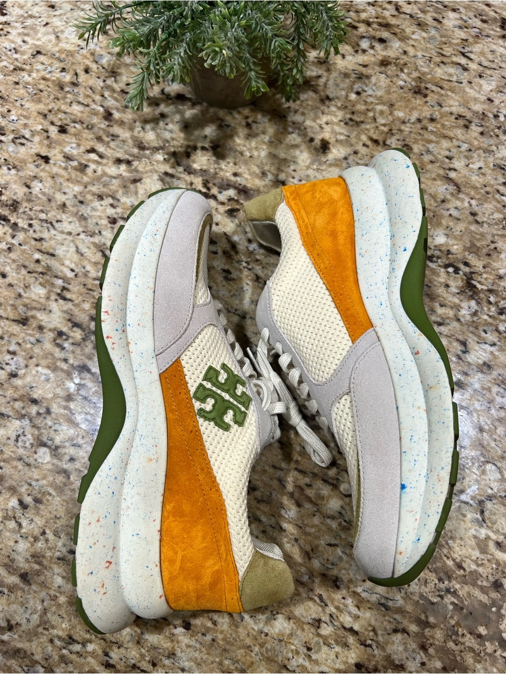 Tory Burch Good Luck Trainer Ivory Cream Vibrant Green w/ Speckles Sneakers 10 - Picture 5 of 11